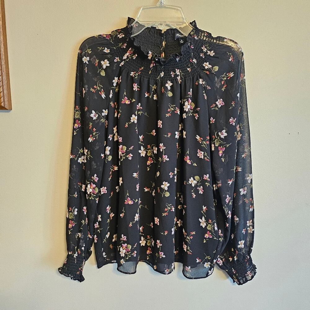 Madewell XS Smocked Mockneck Black Floral Long Sleeve